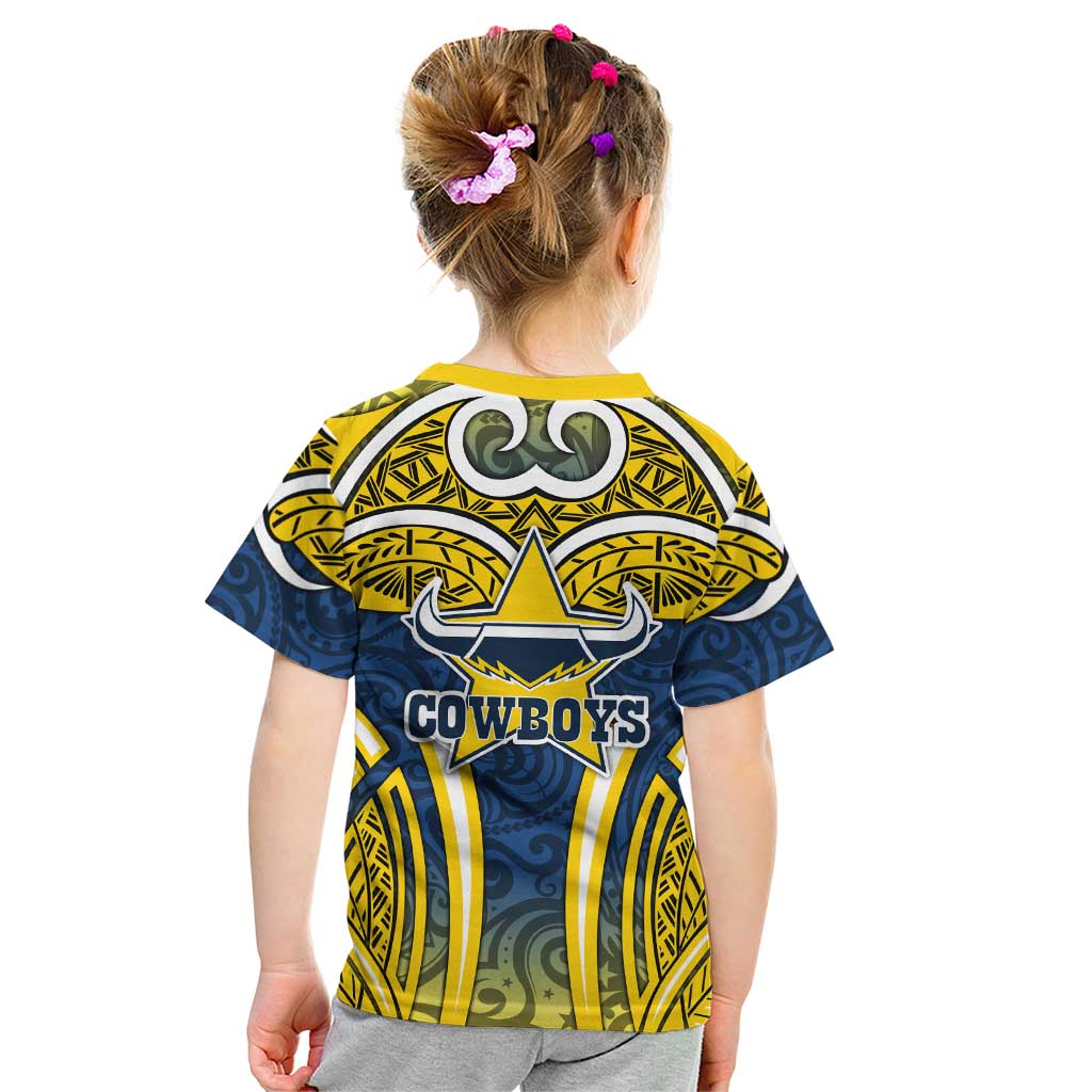 North Queensland Cowboys Rugby Kid T Shirt Polynesian Tribal Bull Warrior Navy Yellow Pattern
