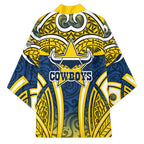 North Queensland Cowboys Rugby Kimono Polynesian Tribal Bull Warrior Navy Yellow Pattern