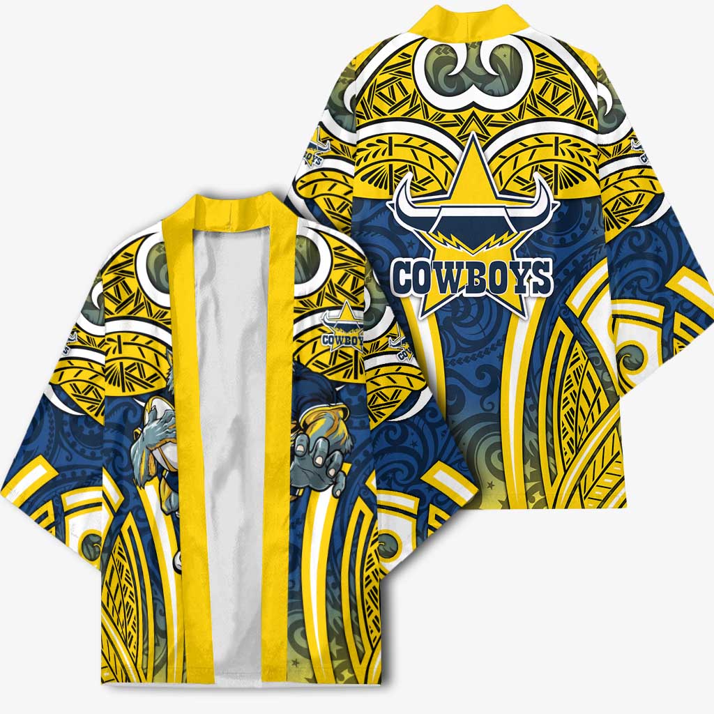 North Queensland Cowboys Rugby Kimono Polynesian Tribal Bull Warrior Navy Yellow Pattern