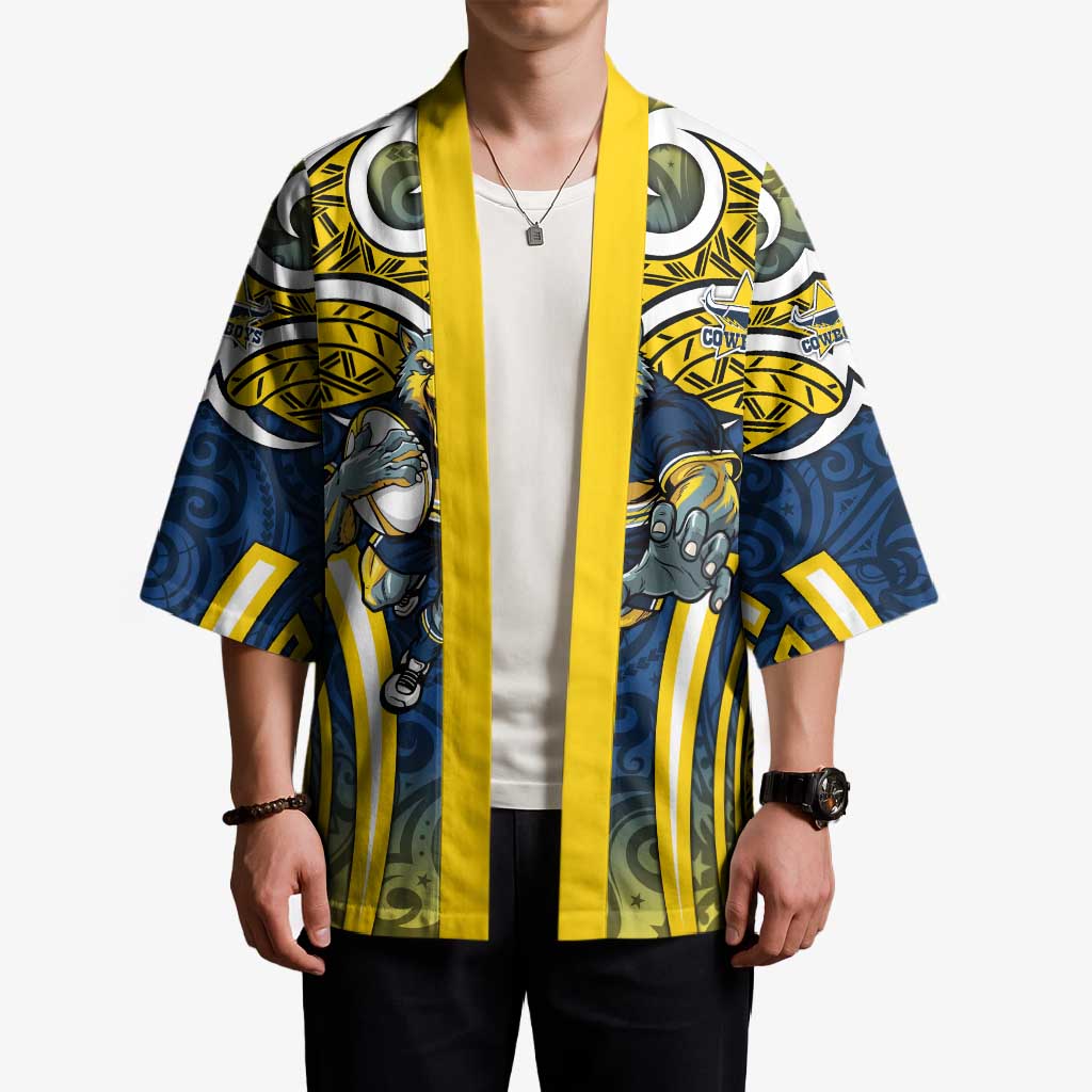 North Queensland Cowboys Rugby Kimono Polynesian Tribal Bull Warrior Navy Yellow Pattern
