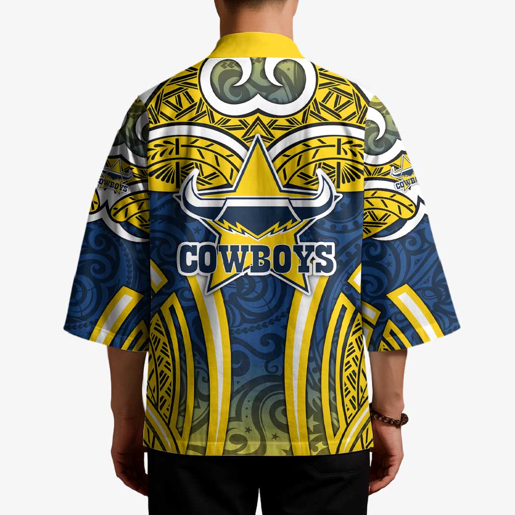 North Queensland Cowboys Rugby Kimono Polynesian Tribal Bull Warrior Navy Yellow Pattern
