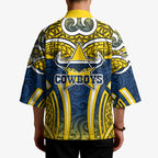 North Queensland Cowboys Rugby Kimono Polynesian Tribal Bull Warrior Navy Yellow Pattern