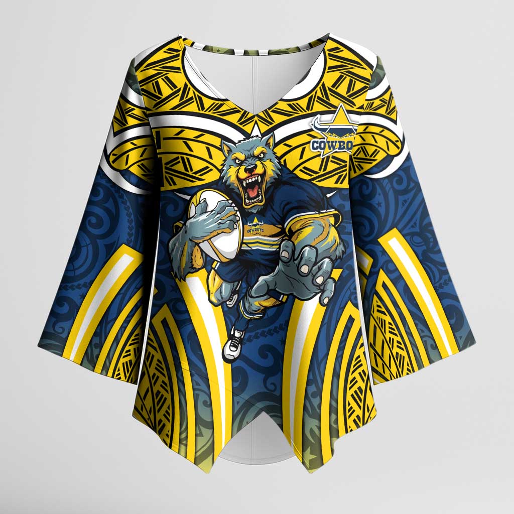 North Queensland Cowboys Rugby Kimono Sleeve Blouse Polynesian Tribal Bull Warrior Navy Yellow Pattern