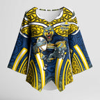 North Queensland Cowboys Rugby Kimono Sleeve Blouse Polynesian Tribal Bull Warrior Navy Yellow Pattern