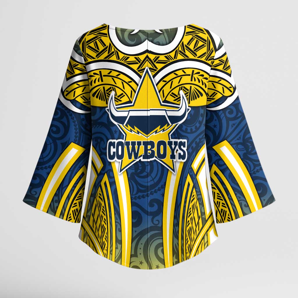 North Queensland Cowboys Rugby Kimono Sleeve Blouse Polynesian Tribal Bull Warrior Navy Yellow Pattern