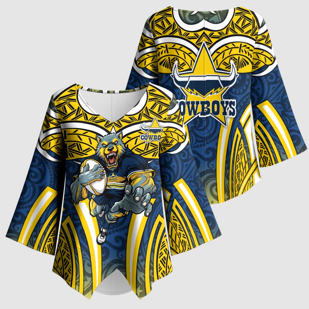 North Queensland Cowboys Rugby Kimono Sleeve Blouse Polynesian Tribal Bull Warrior Navy Yellow Pattern
