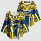 North Queensland Cowboys Rugby Kimono Sleeve Blouse Polynesian Tribal Bull Warrior Navy Yellow Pattern
