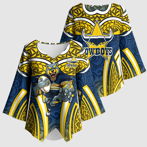 North Queensland Cowboys Rugby Kimono Sleeve Blouse Polynesian Tribal Bull Warrior Navy Yellow Pattern