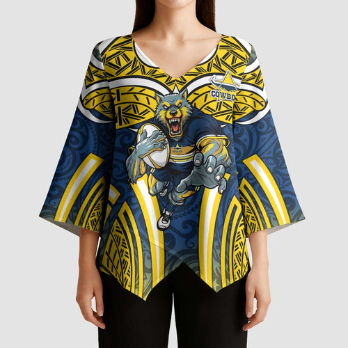 North Queensland Cowboys Rugby Kimono Sleeve Blouse Polynesian Tribal Bull Warrior Navy Yellow Pattern