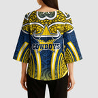 North Queensland Cowboys Rugby Kimono Sleeve Blouse Polynesian Tribal Bull Warrior Navy Yellow Pattern