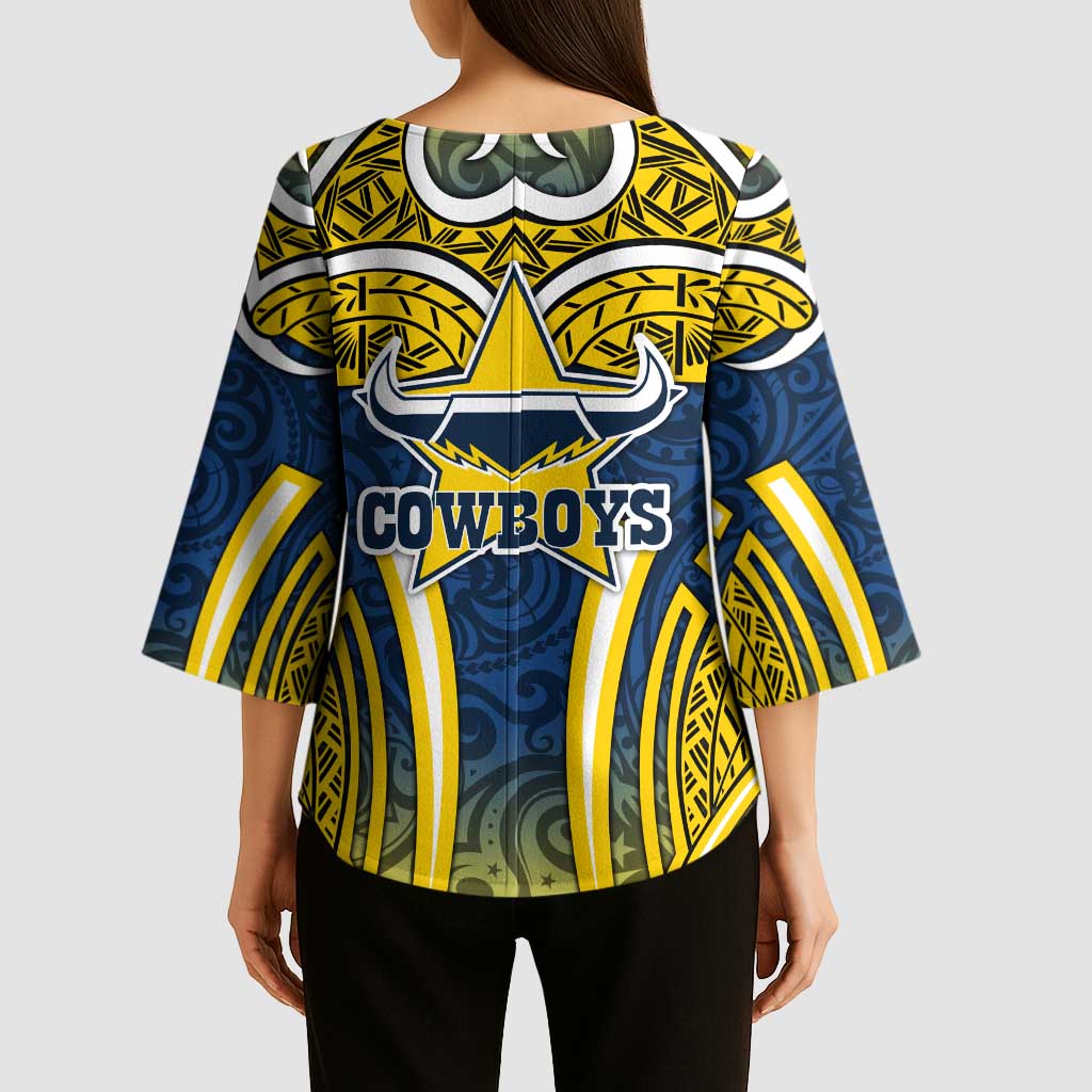 North Queensland Cowboys Rugby Kimono Sleeve Blouse Polynesian Tribal Bull Warrior Navy Yellow Pattern