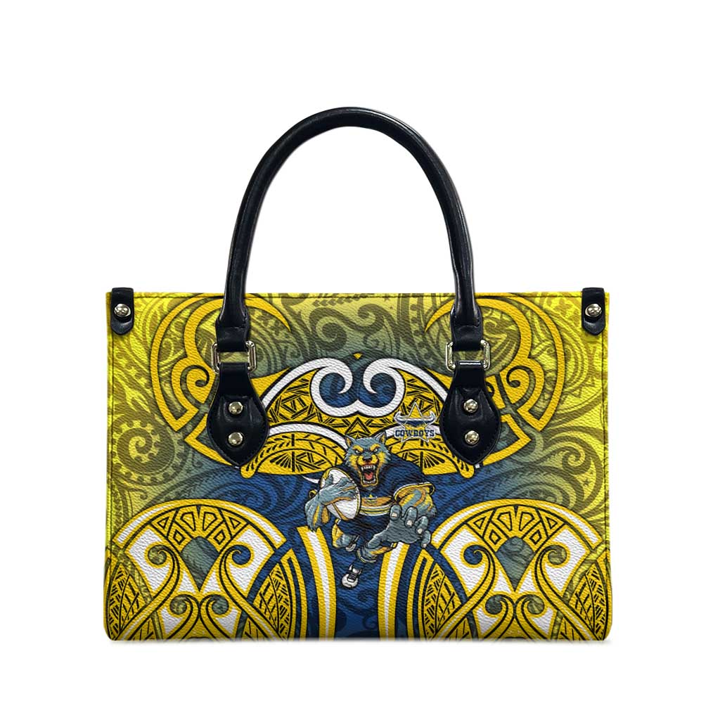 North Queensland Cowboys Rugby Leather Bag Polynesian Tribal Bull Warrior Navy Yellow Pattern