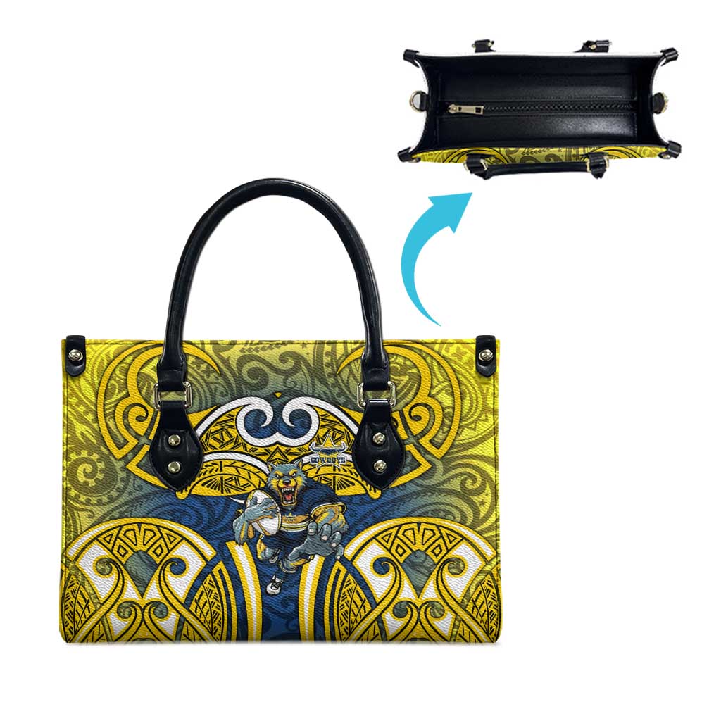North Queensland Cowboys Rugby Leather Bag Polynesian Tribal Bull Warrior Navy Yellow Pattern