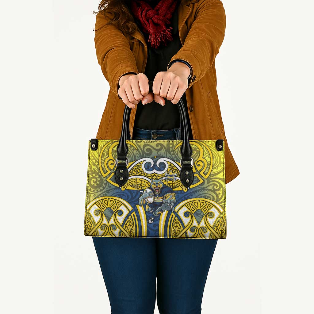 North Queensland Cowboys Rugby Leather Bag Polynesian Tribal Bull Warrior Navy Yellow Pattern