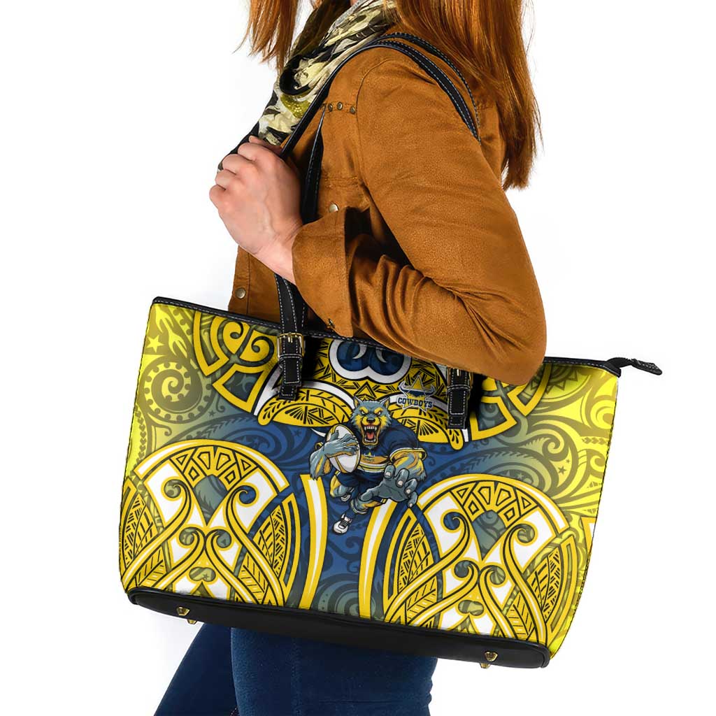 North Queensland Cowboys Rugby Leather Tote Bag Polynesian Tribal Bull Warrior Navy Yellow Pattern