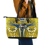 North Queensland Cowboys Rugby Leather Tote Bag Polynesian Tribal Bull Warrior Navy Yellow Pattern