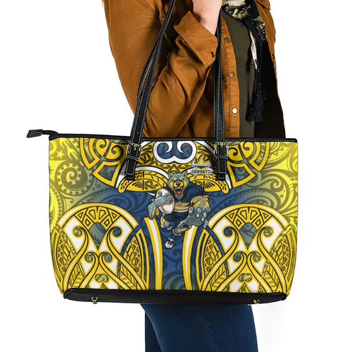 North Queensland Cowboys Rugby Leather Tote Bag Polynesian Tribal Bull Warrior Navy Yellow Pattern