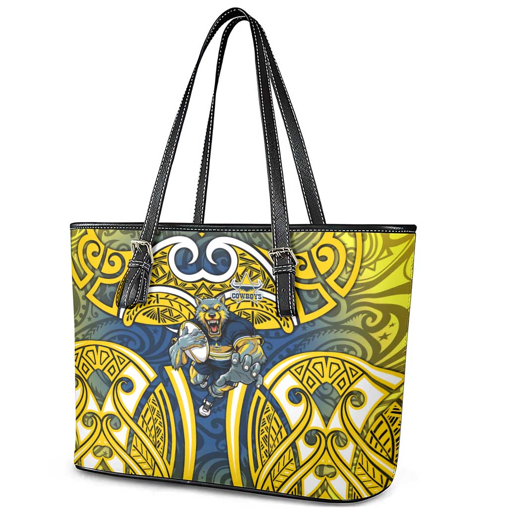 North Queensland Cowboys Rugby Leather Tote Bag Polynesian Tribal Bull Warrior Navy Yellow Pattern