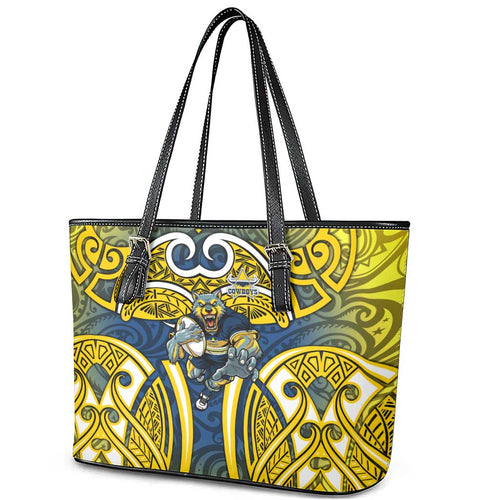 North Queensland Cowboys Rugby Leather Tote Bag Polynesian Tribal Bull Warrior Navy Yellow Pattern