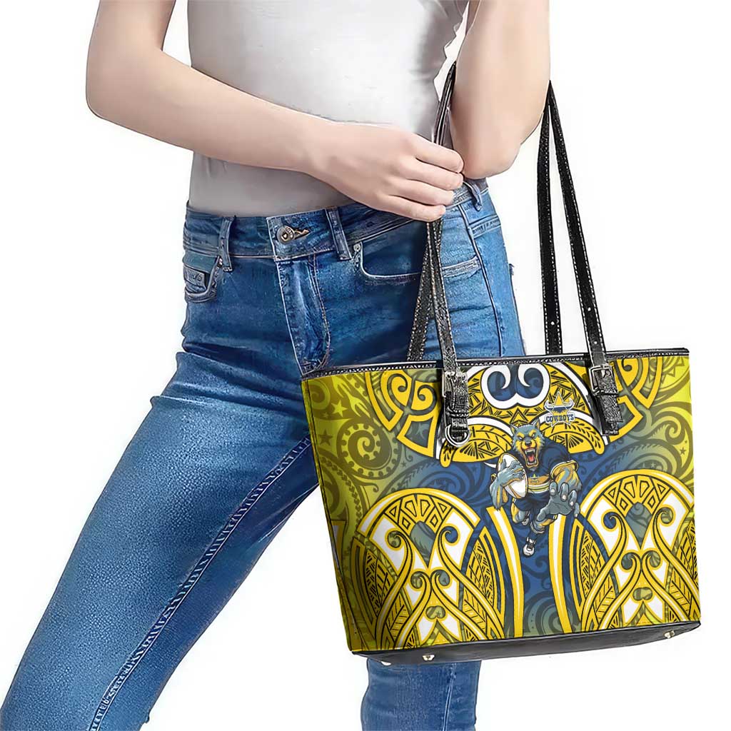 North Queensland Cowboys Rugby Leather Tote Bag Polynesian Tribal Bull Warrior Navy Yellow Pattern