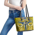 North Queensland Cowboys Rugby Leather Tote Bag Polynesian Tribal Bull Warrior Navy Yellow Pattern