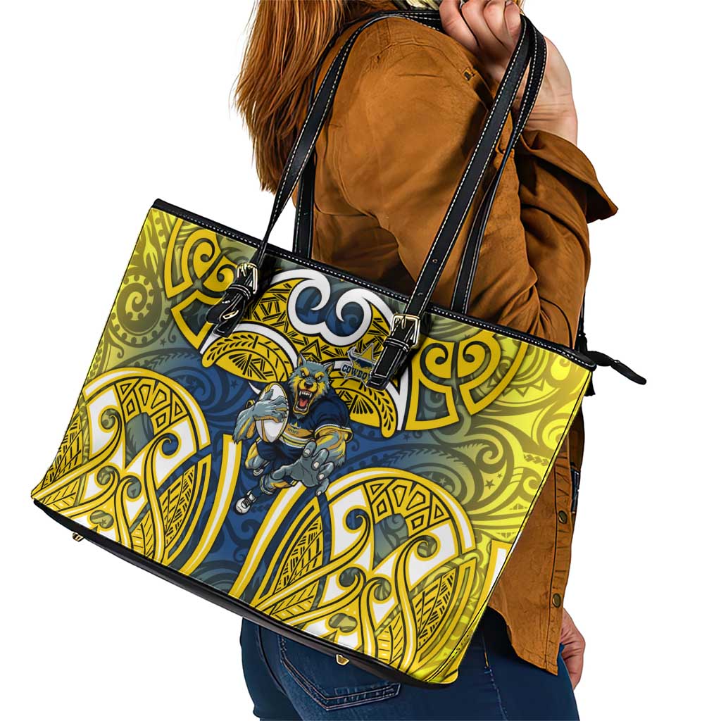 North Queensland Cowboys Rugby Leather Tote Bag Polynesian Tribal Bull Warrior Navy Yellow Pattern