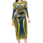 North Queensland Cowboys Rugby Long Sleeve Bodycon Dress Polynesian Tribal Bull Warrior Navy Yellow Pattern
