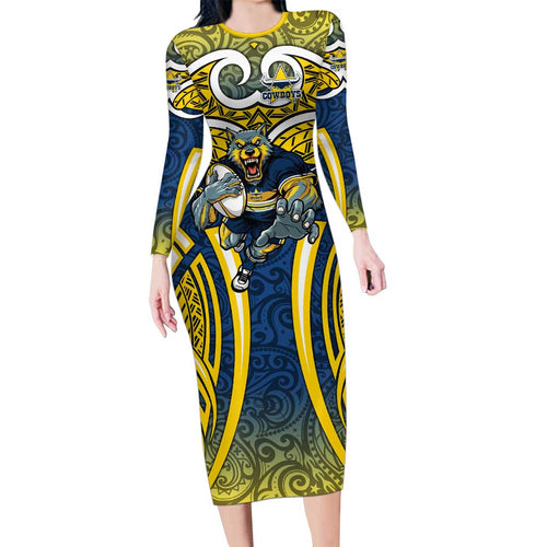 North Queensland Cowboys Rugby Long Sleeve Bodycon Dress Polynesian Tribal Bull Warrior Navy Yellow Pattern