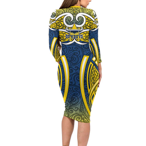 North Queensland Cowboys Rugby Long Sleeve Bodycon Dress Polynesian Tribal Bull Warrior Navy Yellow Pattern