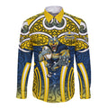 North Queensland Cowboys Rugby Long Sleeve Button Shirt Polynesian Tribal Bull Warrior Navy Yellow Pattern
