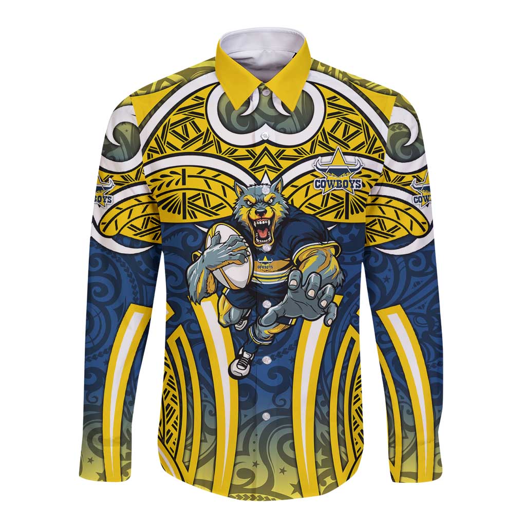 North Queensland Cowboys Rugby Long Sleeve Button Shirt Polynesian Tribal Bull Warrior Navy Yellow Pattern