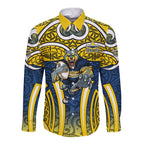 North Queensland Cowboys Rugby Long Sleeve Button Shirt Polynesian Tribal Bull Warrior Navy Yellow Pattern