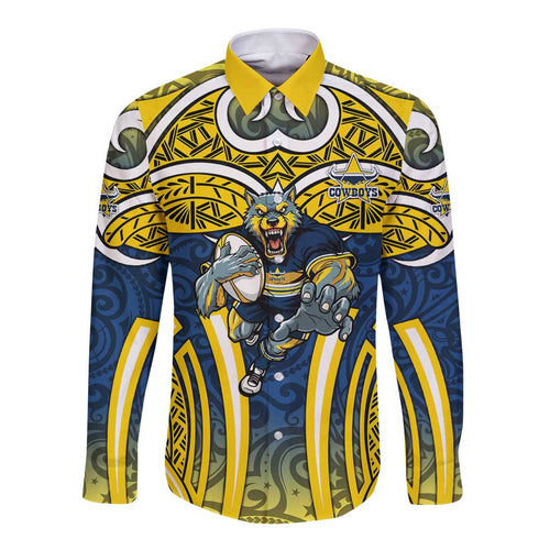 North Queensland Cowboys Rugby Long Sleeve Button Shirt Polynesian Tribal Bull Warrior Navy Yellow Pattern