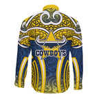 North Queensland Cowboys Rugby Long Sleeve Button Shirt Polynesian Tribal Bull Warrior Navy Yellow Pattern
