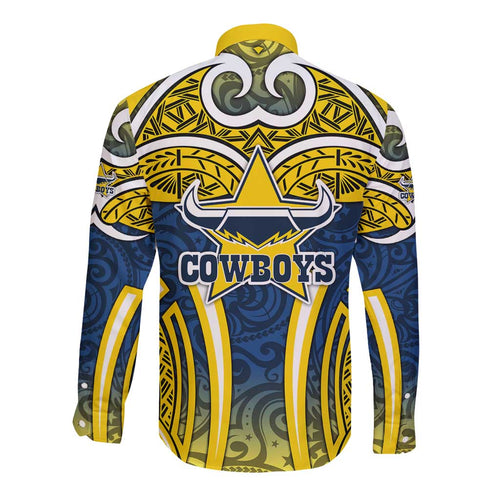 North Queensland Cowboys Rugby Long Sleeve Button Shirt Polynesian Tribal Bull Warrior Navy Yellow Pattern