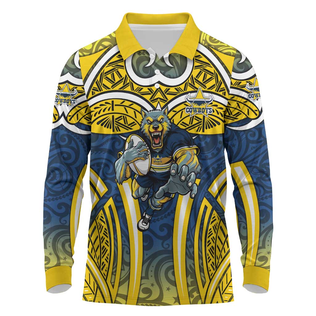 North Queensland Cowboys Rugby Long Sleeve Polo Shirt Polynesian Tribal Bull Warrior Navy Yellow Pattern