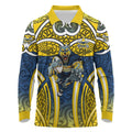 North Queensland Cowboys Rugby Long Sleeve Polo Shirt Polynesian Tribal Bull Warrior Navy Yellow Pattern