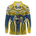 North Queensland Cowboys Rugby Long Sleeve Polo Shirt Polynesian Tribal Bull Warrior Navy Yellow Pattern
