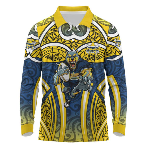 North Queensland Cowboys Rugby Long Sleeve Polo Shirt Polynesian Tribal Bull Warrior Navy Yellow Pattern