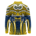 North Queensland Cowboys Rugby Long Sleeve Polo Shirt Polynesian Tribal Bull Warrior Navy Yellow Pattern