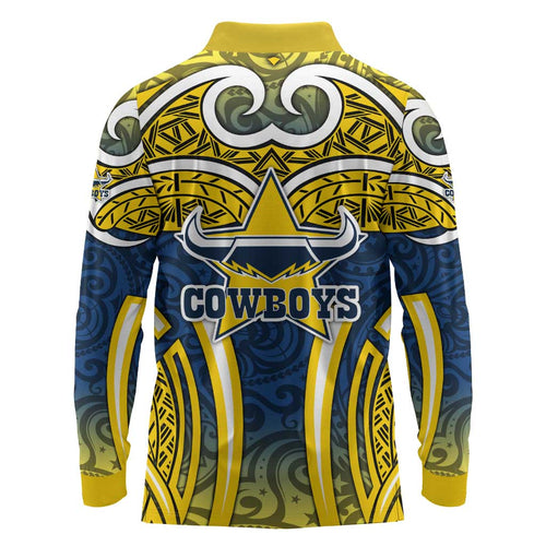 North Queensland Cowboys Rugby Long Sleeve Polo Shirt Polynesian Tribal Bull Warrior Navy Yellow Pattern