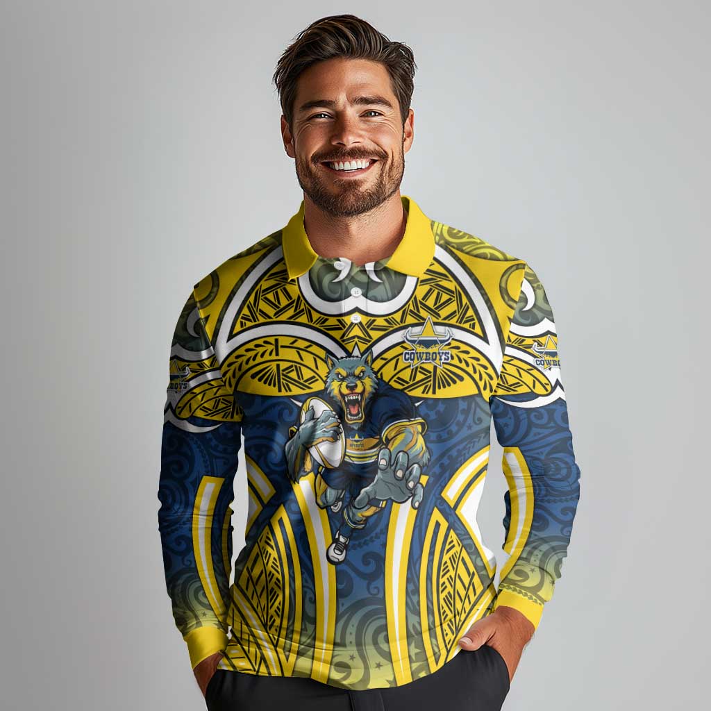 North Queensland Cowboys Rugby Long Sleeve Polo Shirt Polynesian Tribal Bull Warrior Navy Yellow Pattern