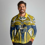 North Queensland Cowboys Rugby Long Sleeve Polo Shirt Polynesian Tribal Bull Warrior Navy Yellow Pattern