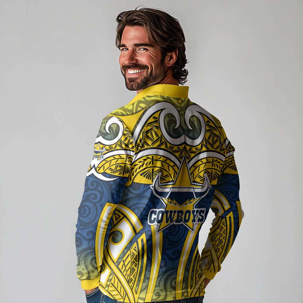 North Queensland Cowboys Rugby Long Sleeve Polo Shirt Polynesian Tribal Bull Warrior Navy Yellow Pattern