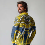 North Queensland Cowboys Rugby Long Sleeve Polo Shirt Polynesian Tribal Bull Warrior Navy Yellow Pattern