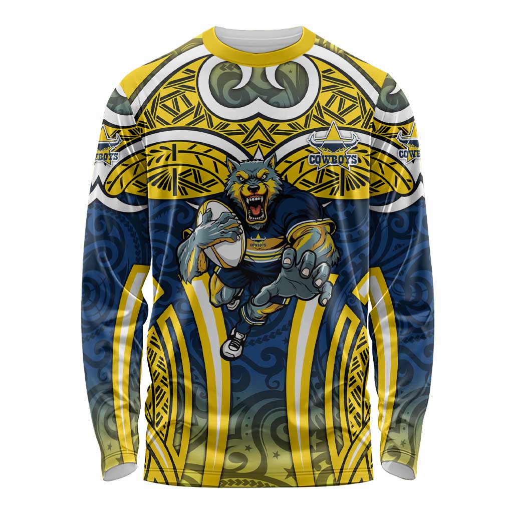 North Queensland Cowboys Rugby Long Sleeve Shirt Polynesian Tribal Bull Warrior Navy Yellow Pattern
