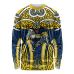 North Queensland Cowboys Rugby Long Sleeve Shirt Polynesian Tribal Bull Warrior Navy Yellow Pattern