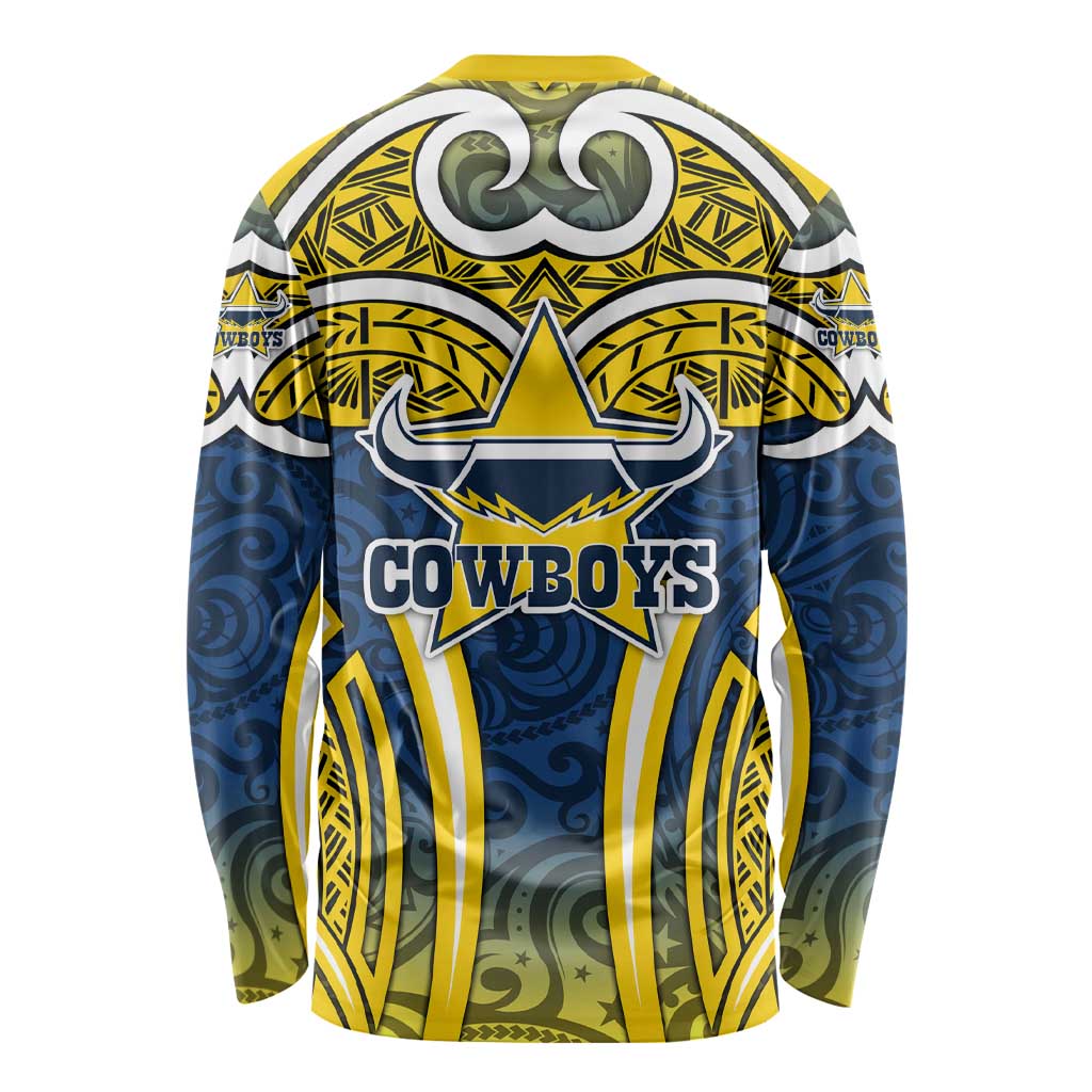North Queensland Cowboys Rugby Long Sleeve Shirt Polynesian Tribal Bull Warrior Navy Yellow Pattern