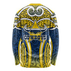 North Queensland Cowboys Rugby Long Sleeve Shirt Polynesian Tribal Bull Warrior Navy Yellow Pattern