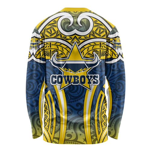 North Queensland Cowboys Rugby Long Sleeve Shirt Polynesian Tribal Bull Warrior Navy Yellow Pattern